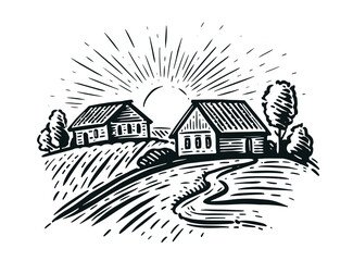 Fototapeta premium Rural nature landscape in sketch style. Village with trees and fields