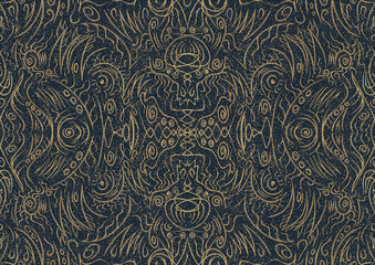 Hand-drawn unique abstract symmetrical seamless gold ornament with splatters of golden glitter on a deep blue background. Paper texture. Digital artwork, A4. (pattern: p03a)
