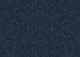 Hand-drawn unique abstract symmetrical seamless ornament. Light blue on a deep blue background. Paper texture. Digital artwork, A4. (pattern: p03a)