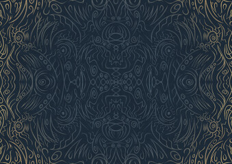 Hand-drawn unique abstract ornament. Light blue on a deep blue background, with vignette of same pattern in golden glitter. Paper texture. Digital artwork, A4. (pattern: p03a)