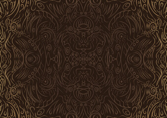 Hand-drawn unique abstract ornament. Light semi transparent brown on a dark brown background, with vignette of same pattern in golden glitter. Paper texture. Digital artwork, A4. (pattern: p03a)