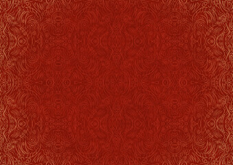 Hand-drawn unique abstract ornament. Light red on a bright red background, with vignette of same pattern in golden glitter. Paper texture. Digital artwork, A4. (pattern: p03b)