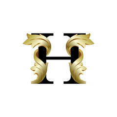 Initial letter H, 3D luxury golden leaf overlapping black serif font on white background