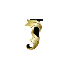 Initial letter J, 3D luxury golden leaf overlapping black serif font on white background