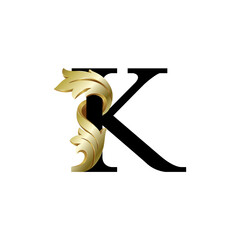 Initial letter K, 3D luxury golden leaf overlapping black serif font on white background