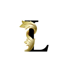 Initial letter L, 3D luxury golden leaf overlapping black serif font on white background