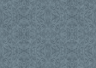 Hand-drawn unique abstract symmetrical seamless ornament. Dark blue on a light blue background. Paper texture. Digital artwork, A4. (pattern: p03b)