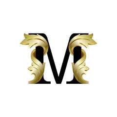 Initial letter M, 3D luxury golden leaf overlapping black serif font on white background
