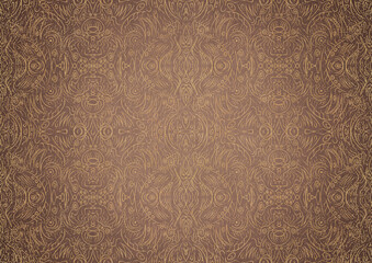 Hand-drawn unique abstract gold ornament on a light brown background, with vignette of darker backgound color and splatters of golden glitter. Paper texture. Digital artwork, A4. (pattern: p03b)