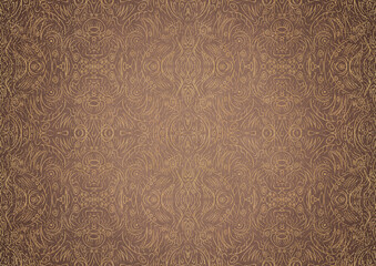Hand-drawn unique abstract gold ornament on a light brown background, with vignette of darker backgound color and splatters of golden glitter. Paper texture. Digital artwork, A4. (pattern: p03b)