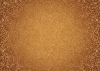 Hand-drawn unique abstract ornament. Light yellow on a darker yellow background, with vignette of same pattern in golden glitter on a darker backgound color. Paper texture. A4. (pattern: p04a)