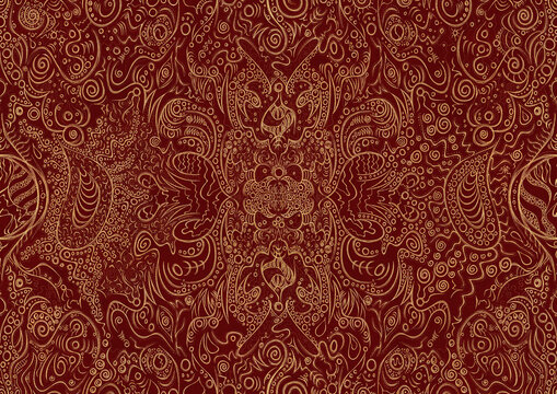 Hand-drawn unique abstract symmetrical seamless gold ornament on a deep red background. Paper texture. Digital artwork, A4. (pattern: p04a)