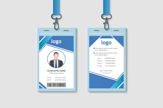 Simple Business  Office Vertical Double-sided Blue ID Card Design Template. Flat Identity Card Design Vector Illustration