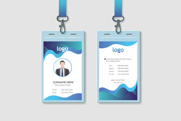 Modern Clean Vertical Double-sided Waves Style Blue Color ID Cards For Company Stuff. Flat Design Vector Illustration
