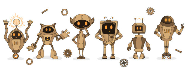 bronze robot, gold robot, robot in steampunk style, robot for children, icon with a robot, sticker with a robot, children's illustration with a robot, vintage robot	