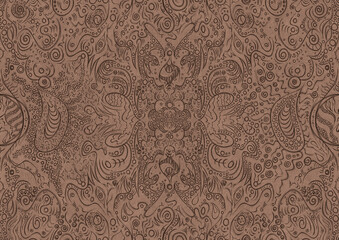 Hand-drawn unique abstract symmetrical seamless ornament. Brown on a light brown background. Paper texture. Digital artwork, A4. (pattern: p04a)