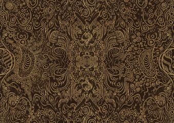 Hand-drawn unique abstract symmetrical seamless gold ornament on a dark brown background. Paper texture. Digital artwork, A4. (pattern: p04a)