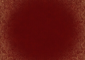 Deep red textured paper with vignette of golden hand-drawn pattern and golden glittery splatter. Copy space. Digital artwork, A4. (pattern: p04b)