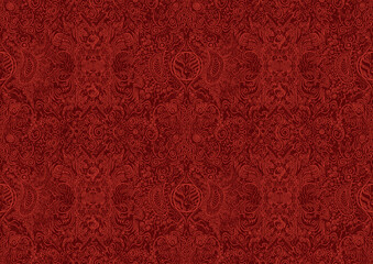 Hand-drawn unique abstract symmetrical seamless ornament. Bright red on a deep red background. Paper texture. Digital artwork, A4. (pattern: p04b)