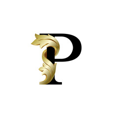 Initial letter P, 3D luxury golden leaf overlapping black serif font on white background