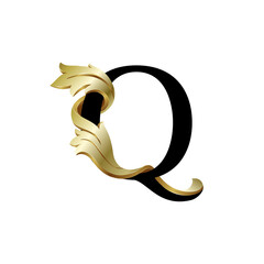 Initial letter Q, 3D luxury golden leaf overlapping black serif font on white background