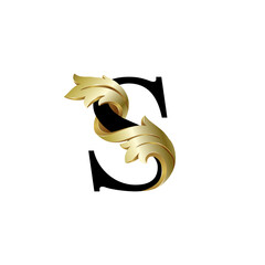 Initial letter S, 3D luxury golden leaf overlapping black serif font on white background