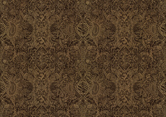 Hand-drawn unique abstract symmetrical seamless gold ornament on a dark brown background. Paper texture. Digital artwork, A4. (pattern: p04b)