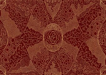 Hand-drawn unique abstract symmetrical seamless gold ornament on a deep red background. Paper texture. Digital artwork, A4. (pattern: p05a)
