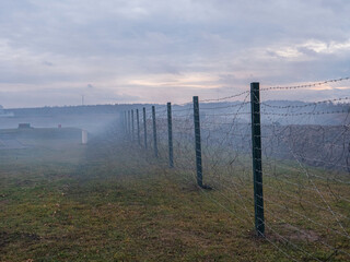 Rows of barbed wire on the state border. The separation of the two countries. Foggy autumn...