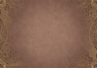 Light brown textured paper with vignette of darker color and golden hand-drawn pattern with splatters of golden glitter. Copy space. Digital artwork, A4. (pattern: p05a)