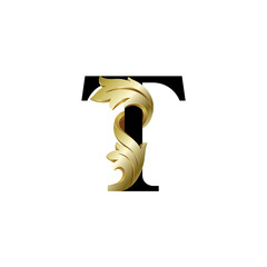 Initial letter T, 3D luxury golden leaf overlapping black serif font on white background