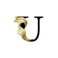 Initial letter U, 3D luxury golden leaf overlapping black serif font on white background