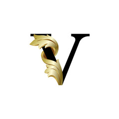 Initial letter V, 3D luxury golden leaf overlapping black serif font on white background