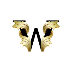 Initial letter W, 3D luxury golden leaf overlapping black serif font on white background
