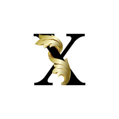 Initial letter X, 3D luxury golden leaf overlapping black serif font on white background