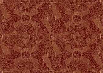 Hand-drawn unique abstract symmetrical seamless gold ornament with golden glittery splatter on a deep red background. Paper texture. Digital artwork, A4. (pattern: p05b)