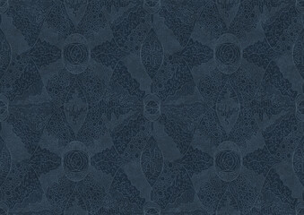 Hand-drawn unique abstract symmetrical seamless ornament. Light blue on a deep blue background. Paper texture. Digital artwork, A4. (pattern: p05b)