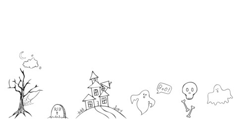 Vector set with hand drawn black doodle Halloween elements isolated on white background. Ghost, haunted house, skull, tree and other.