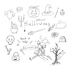 Vector set with hand drawn black doodle Halloween elements isolated on white background. Pumpkin, ghost, haunted house, magic, candy, witches cauldron, broomstick, hat, skull, tree and other.