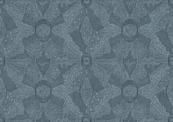 Hand-drawn unique abstract symmetrical seamless ornament. Dark blue on a light blue background. Paper texture. Digital artwork, A4. (pattern: p05b)