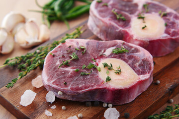 close up of raw meat on chopping board on a chopping board 