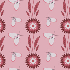 Seamless pattern, endless texture - stylized flowers and moths. Wallpapers, textiles, packaging