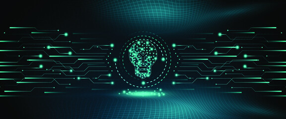 Technology background of Cyber Security Concept. Wireframe landscape background. Blue abstract hi speed internet technology.