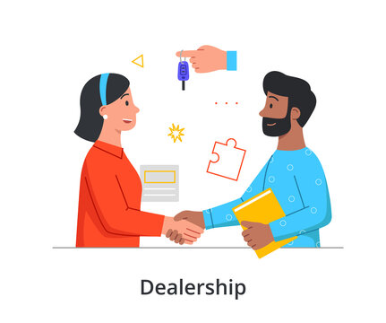 Dealership and agreement concept. Woman signs contract, shakes hands with official dealer and receives keys. Metaphor for obtaining property rights. Cartoon contemporary flat vector illustration