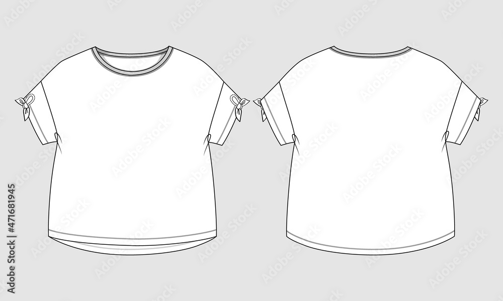 Wall mural Short sleeve T-shirt Technical sketch fashion template for Women's and Girls. Vector art illustration Clothing mock up front, back view. Easy Edit customizable
