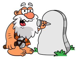 Cartoon Illustration of Caveman holding a hammer made of stone and stone chisel get ready to writing at inscription of stone, stone age living, best for mascot and sticker with prehistoric themes
