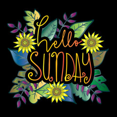 Hello Sunday with floral frame. Greeting card.