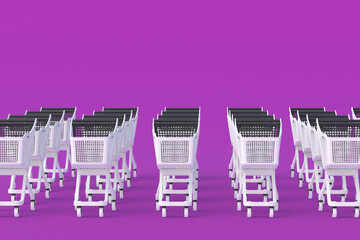 Rows of modern plastic shopping cart trolleys. Trade concept. Wholesale purchases. Large assortment, choice. Retail store equipment. Profitable proposition. Copy space. 3d render