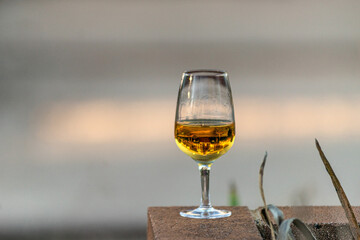 Wine glass with golden yellow dessert wine, historic Queenslander building reflected in the glass.