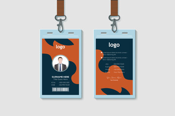 Abstract Waves  ID Card Template. Vertical Double-sided Multipurpose For Company Stuff Identity Card Design Orange and Blue Color. Vector Illustration